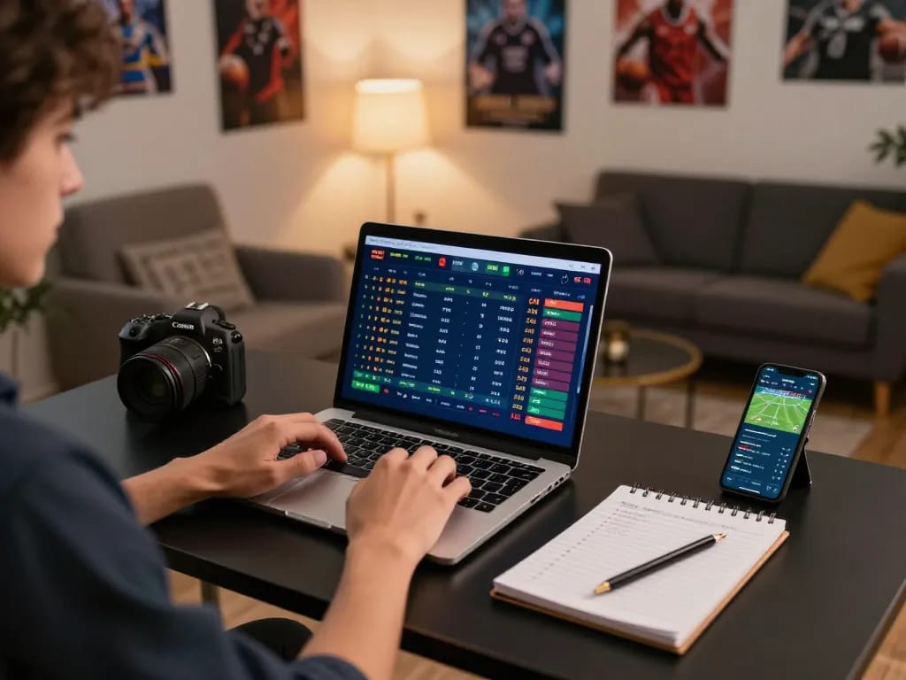Bongdalu sports betting scene with an engaged player analyzing live betting odds on a laptop.