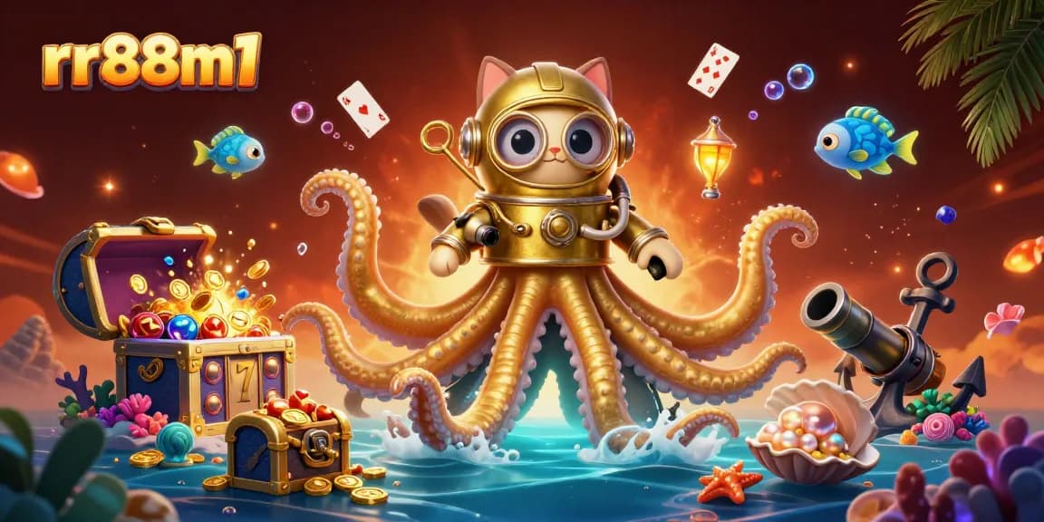 rr88m1 players explore slot games amidst a treasure-filled ocean scene with a friendly kraken.