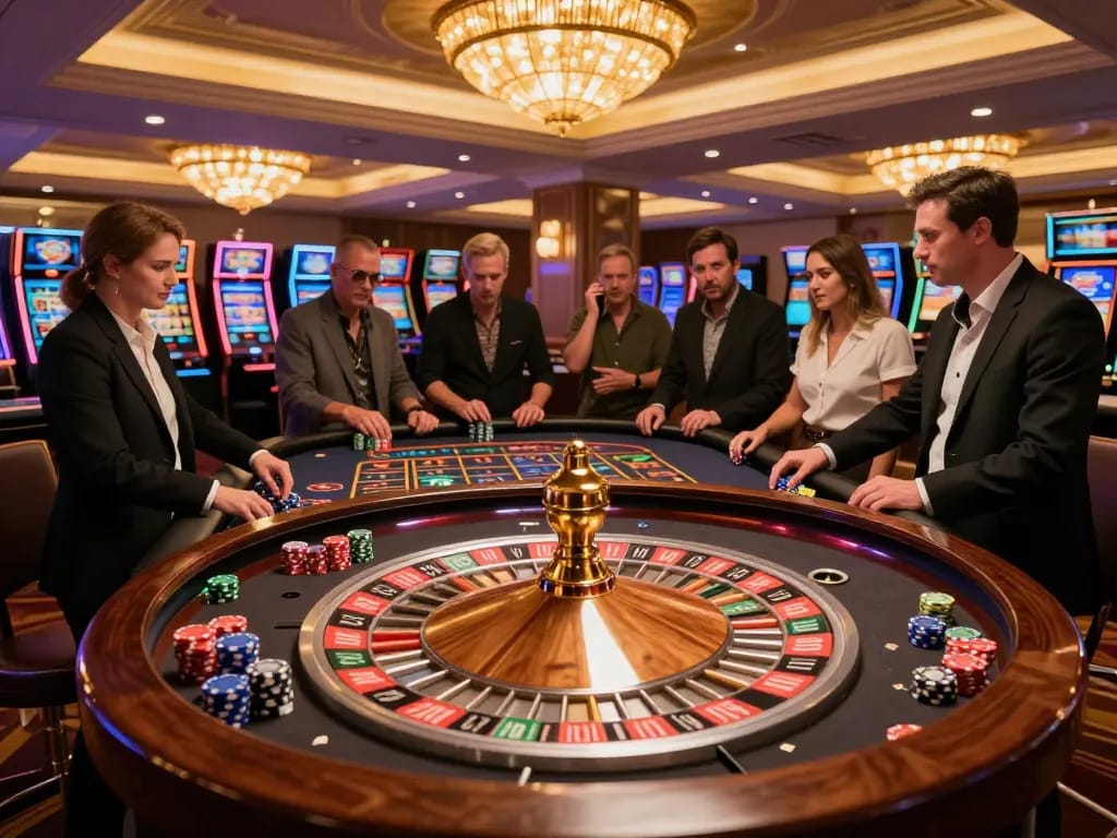 Watch players engage at may88's roulette table with vibrant chips and spinning wheel.