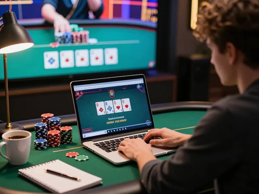 Player engaged in online poker game on laptop, showcasing vmax strategy and excitement