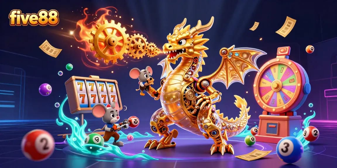 Engaging five88 online casino scene with a golden dragon, lottery balls, and vibrant gaming elements.