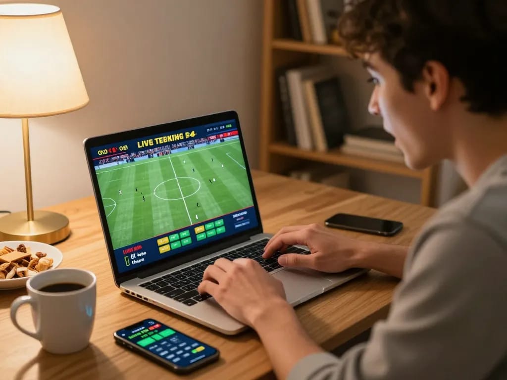 Soi kèo nhà cái strategies in action as a player engages in online sports betting at home.