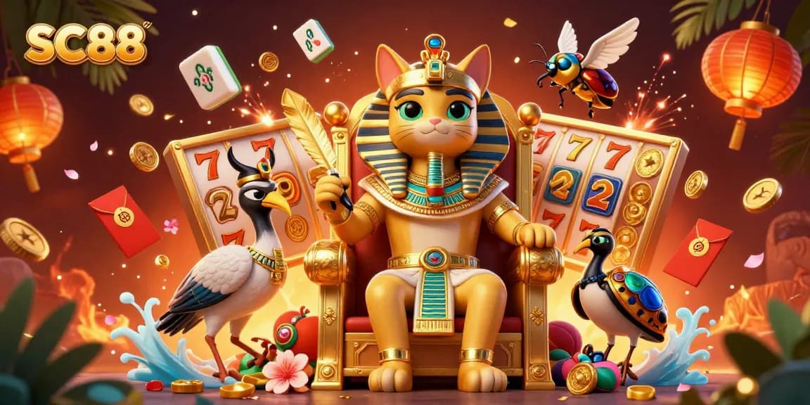 Experience the thrilling SC88 online casino with vibrant slot reels, golden cats, and dynamic gaming elements.