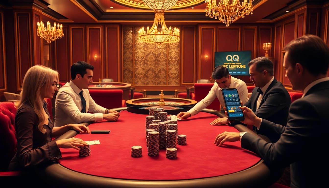 Engage in thrilling poker gameplay at a high-class casino table featuring qq truyen elements.