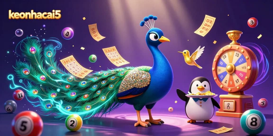 Experience excitement with keonhacai5 as vibrant lottery balls bounce in a colorful casino scene.
