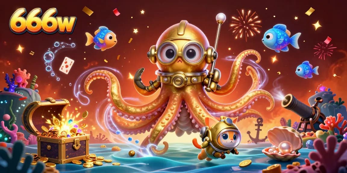 Experience thrilling 666w gameplay with a vibrant kraken, diving cat, and glowing fish in this lively ocean scene.