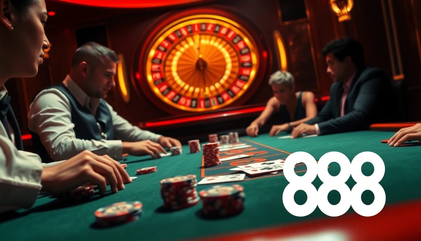 Engaged players at a luxurious 888b casino poker table, highlighting excitement and luxury.