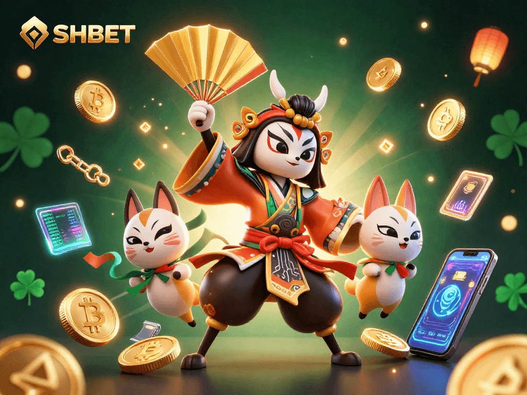 Win with SHBET gaming by entering a vibrant 3D digital casino landscape featuring unique characters and elements.