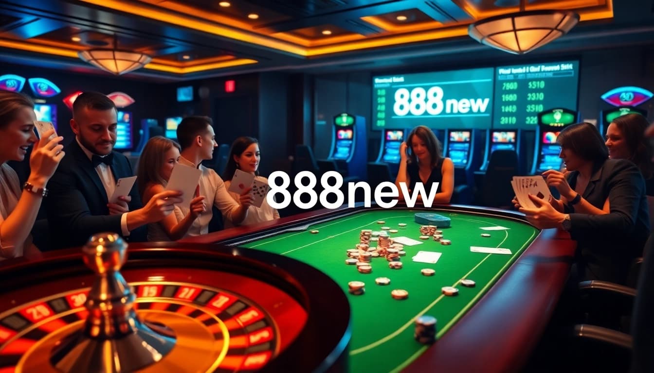 Exciting casino atmosphere featuring poker, roulette, and vibrant gaming elements showcasing 888new.