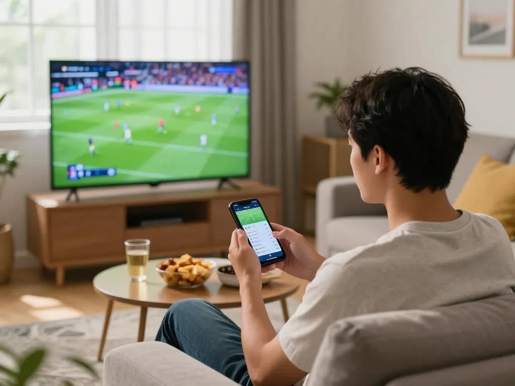 Placing bets while watching ดูบอล in a cozy living room with a mobile app, enhancing the sports viewing experience.