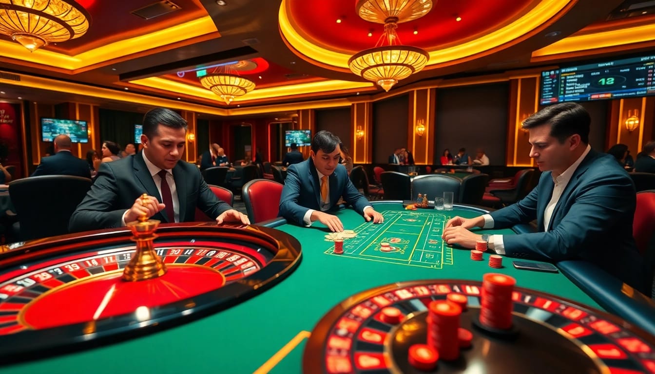Raja Luck casino scene showcasing a roulette wheel and poker table filled with chips.