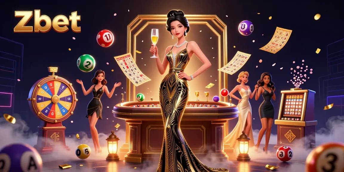 Zbet captivates with a glamorous Asian woman celebrating wins with games and colorful lottery elements.