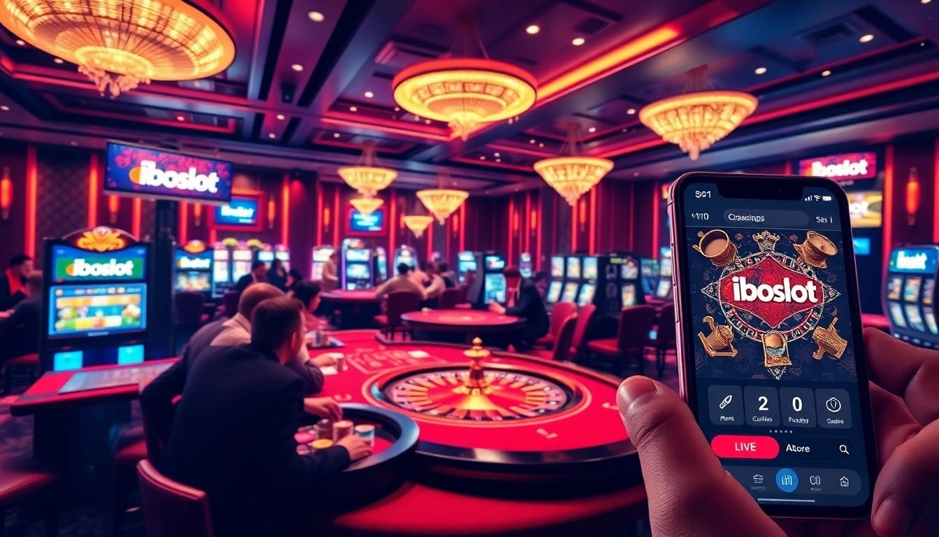 Experience the excitement of iboslot with players enjoying casino games in a luxurious setting.