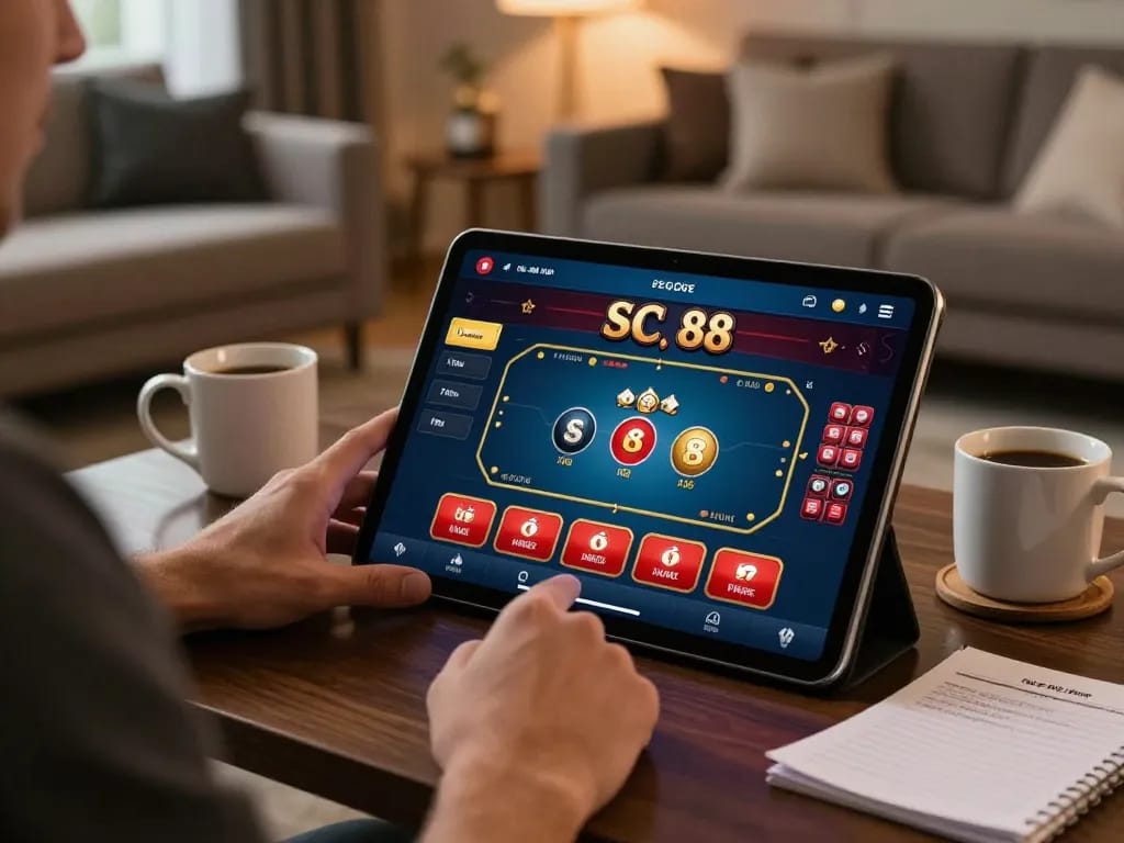 Player engaging with the SC 88 online casino app on tablet in a cozy home setup.