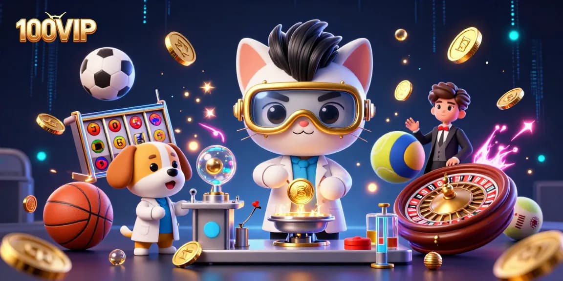 Experience the excitement of 100VIP with a dynamic scene featuring a scientist cat and assistant in a casino environment.