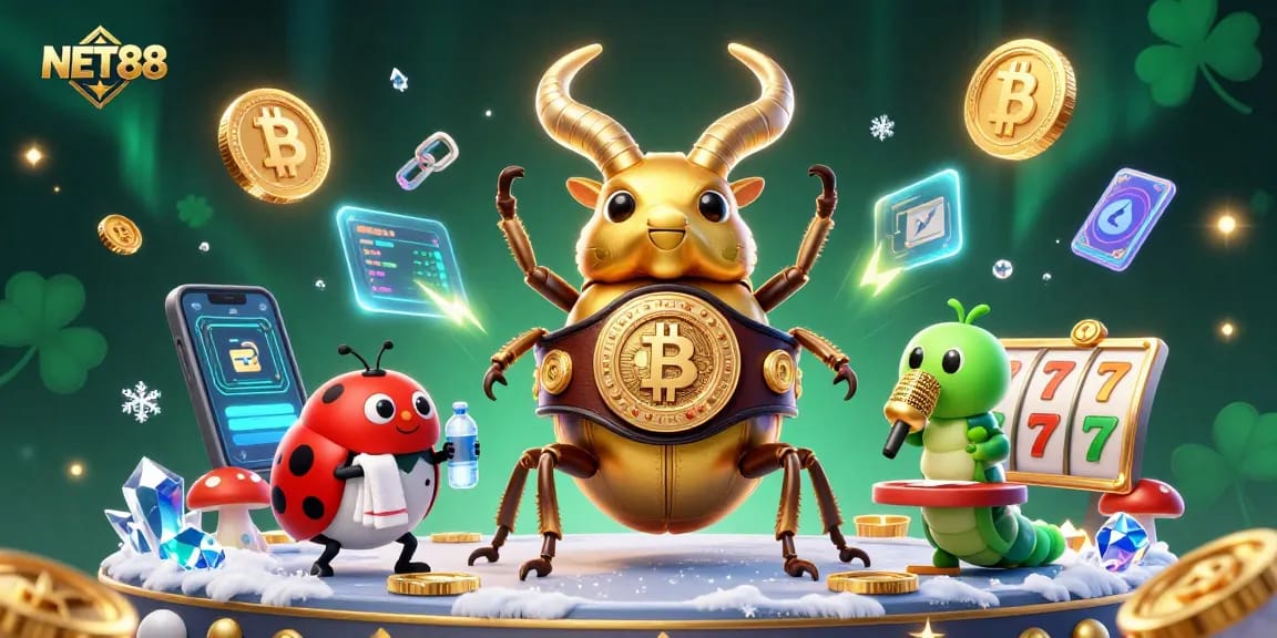 Engage in NET88 with vibrant 3D casino action featuring a golden stag beetle champion.
