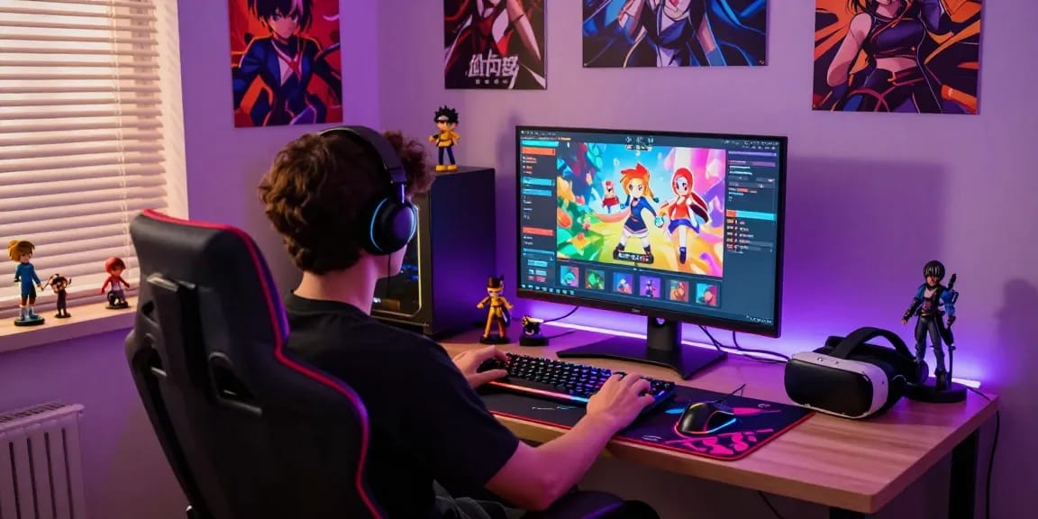 Engaging scene of a gamer playing hentai games html, surrounded by gaming accessories and ambient lighting.