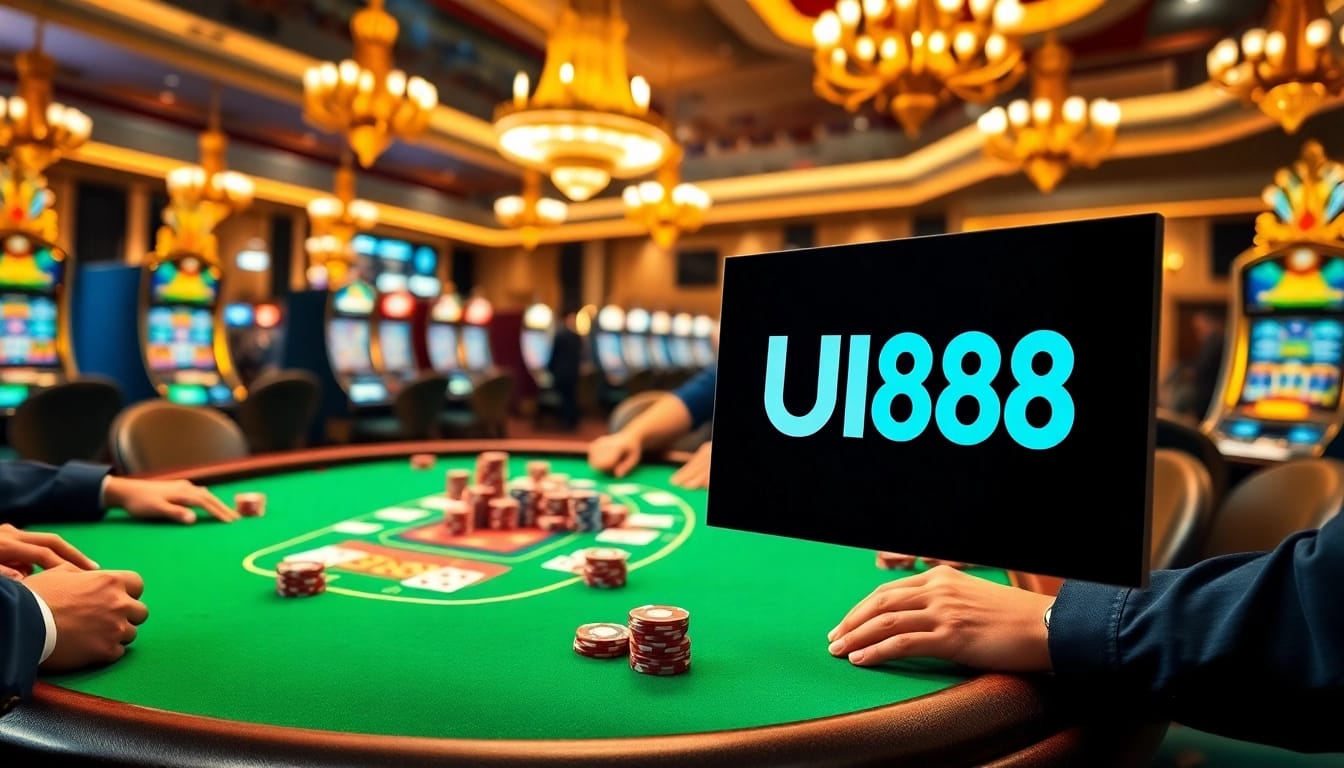 Players enjoying a thrilling poker game at a UU88 luxury casino setting with vibrant colors and chips.