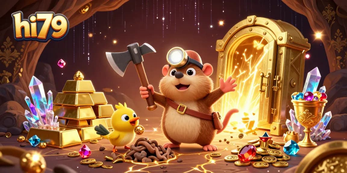 Engage with hi79 by uncovering treasure in a vibrant casino-themed scene bursting with gems.