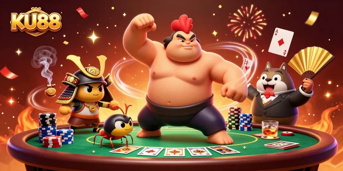 Experience thrilling gaming action with KU88 featuring vivid characters and a vibrant casino backdrop.