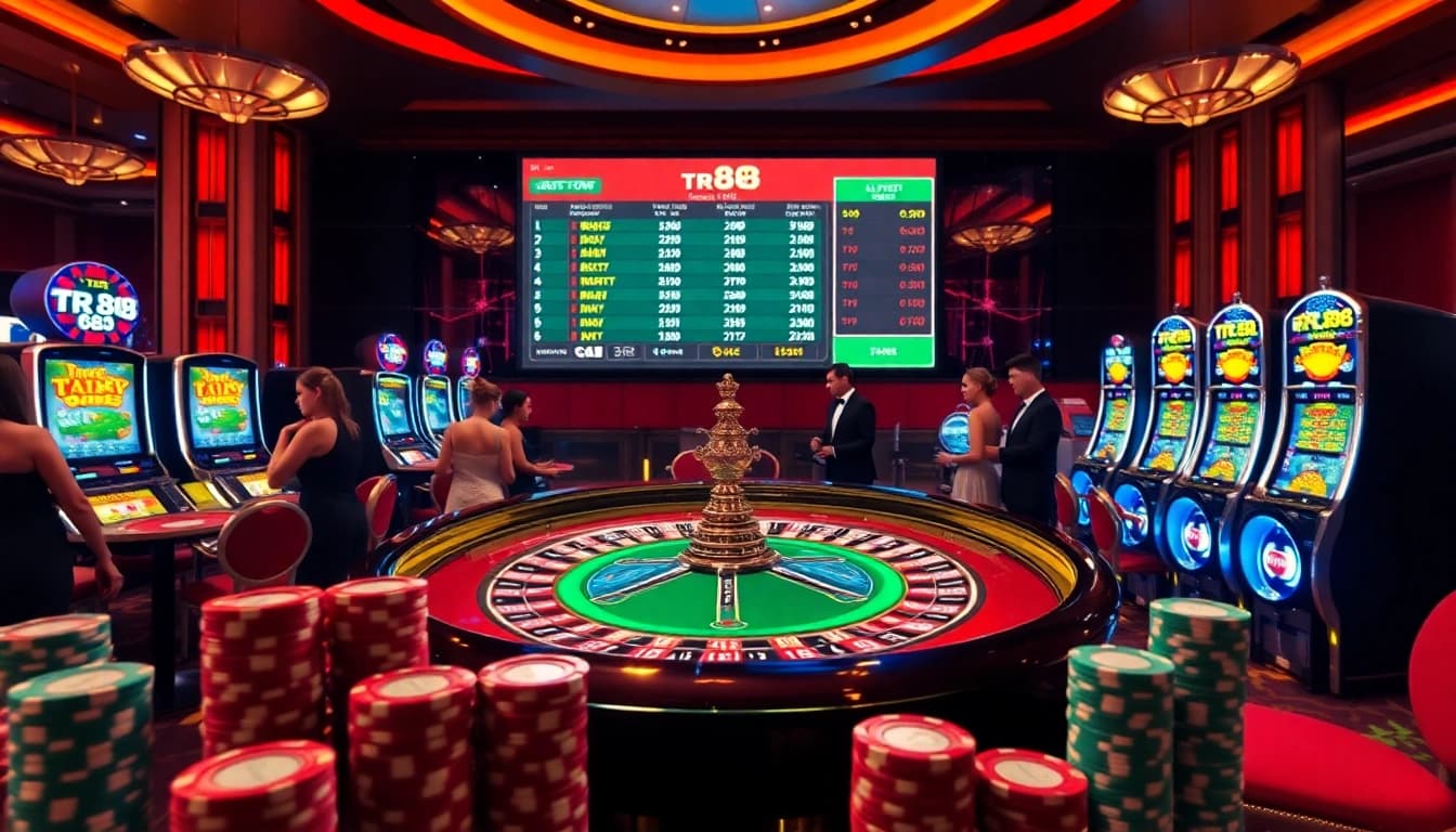 Gambling excitement at a luxury casino with tr 88 betting odds displayed.