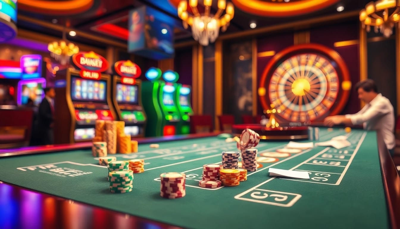 A dynamic casino scene showcasing Nhà Cái DEBET with poker chips and a roulette wheel for engaging online gambling experience.