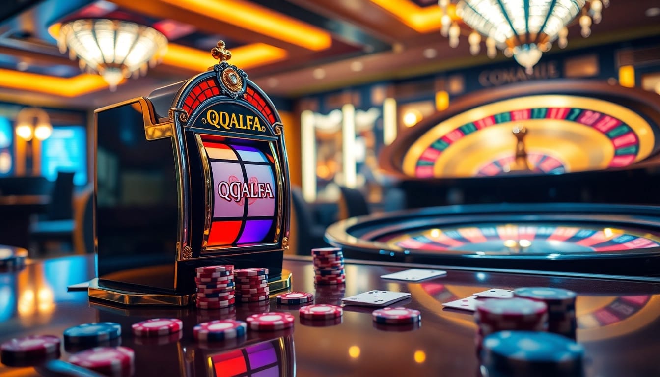 Winning at the QQALFA slot machine amidst vibrant casino excitement.