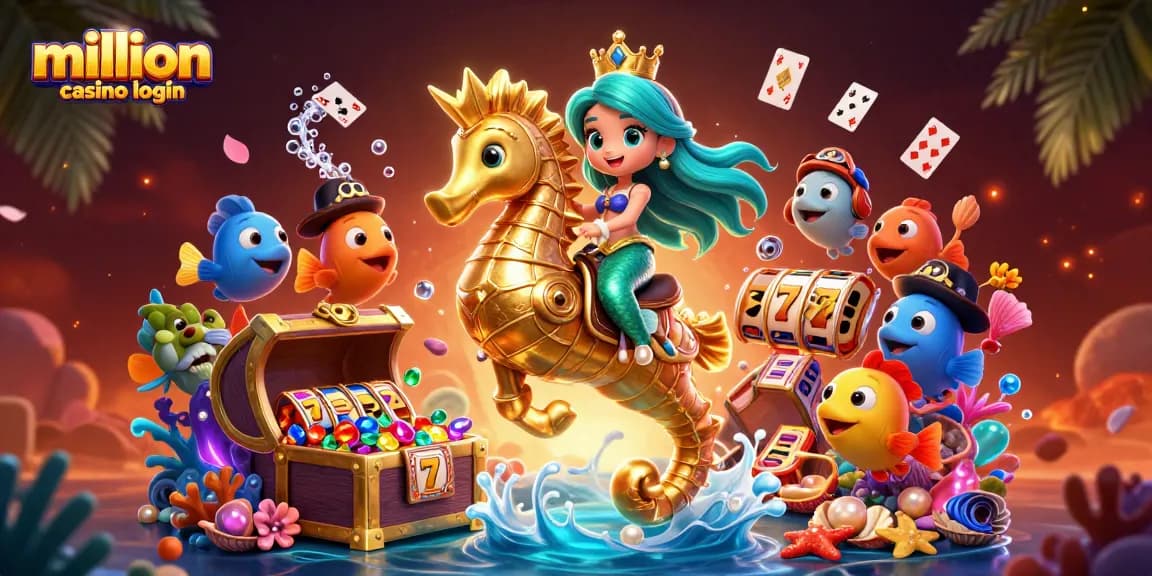 Join the million casino login adventure with vibrant underwater characters and casino elements.