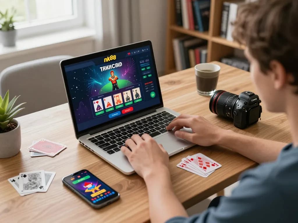 Engaging online gambling scene featuring nk88 app on laptop in cozy home setting.