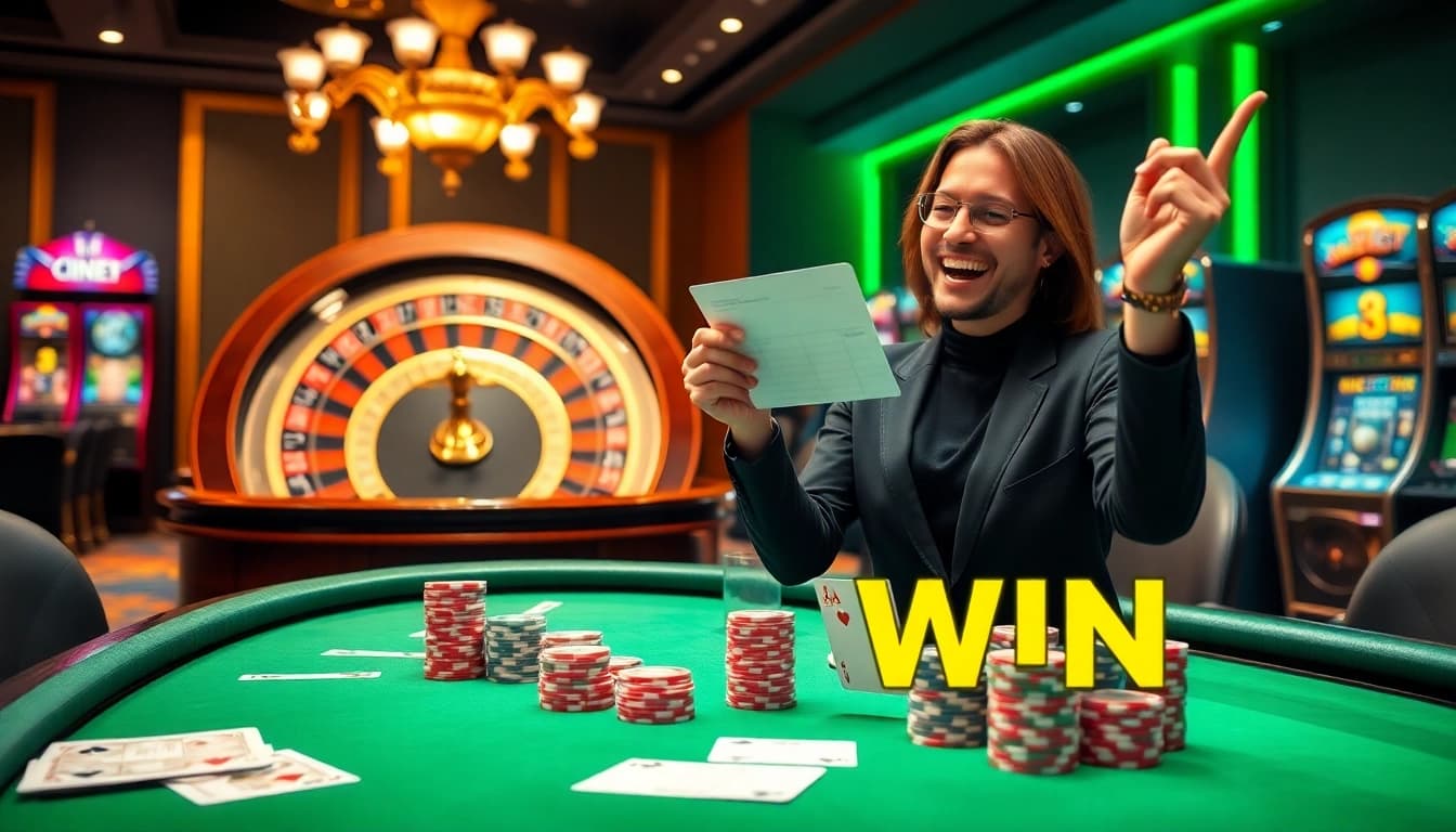 Experience the thrill of winning with 33 WIN at a professional casino table filled with cards and chips.