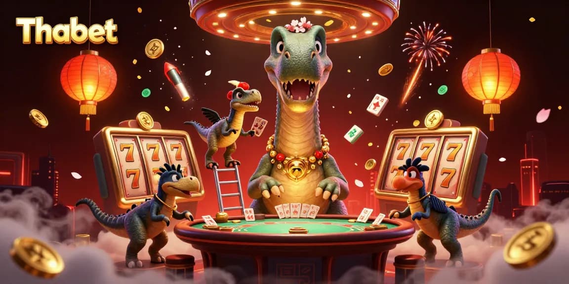 Experience the excitement of Thabet casino with a vibrant 3D illustration of games and fun.