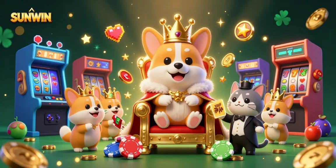SUNWIN casino scene featuring a royal corgi king, cat butler, and game elements showcasing vibrant online gambling.