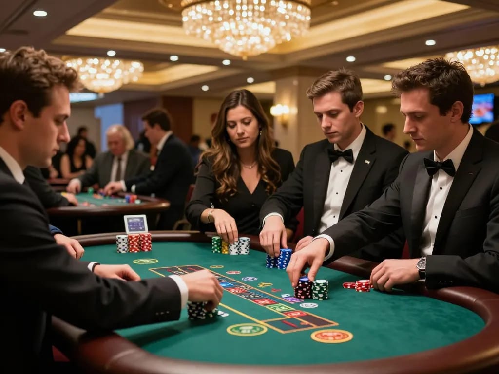 llwin players strategizing bets at a high-stakes blackjack table in an upscale casino.