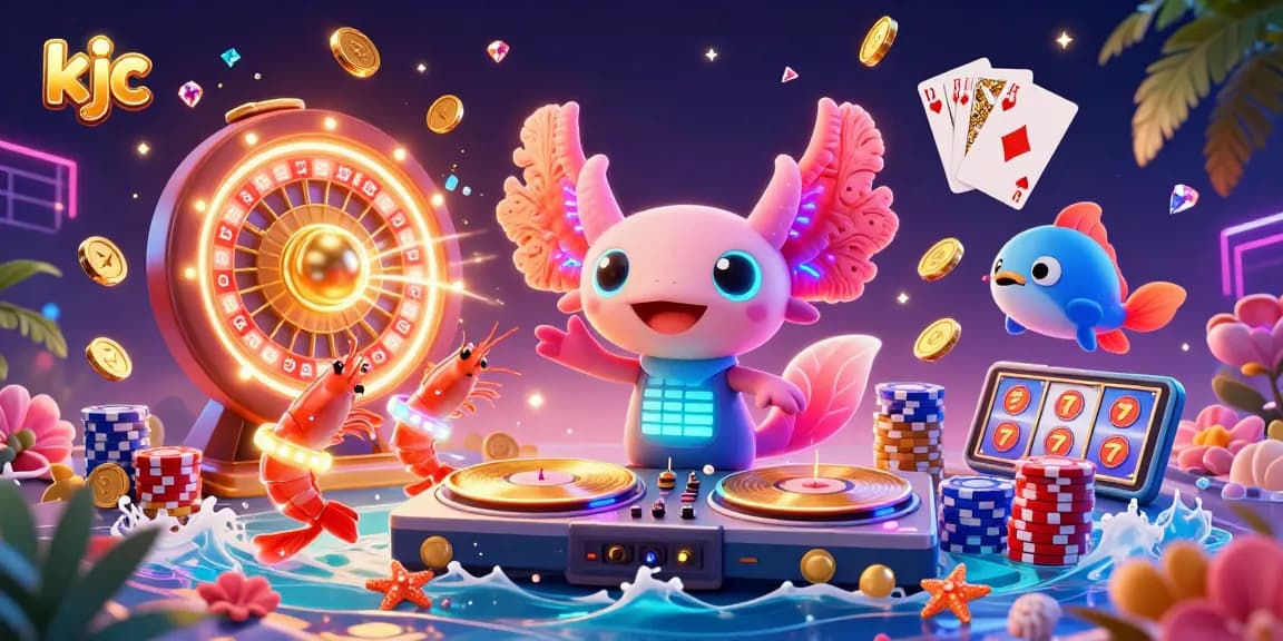 Engage with vibrant gaming excitement at KJC featuring a lively axolotl DJ and friends amidst sparkling coins and thrilling gameplay.