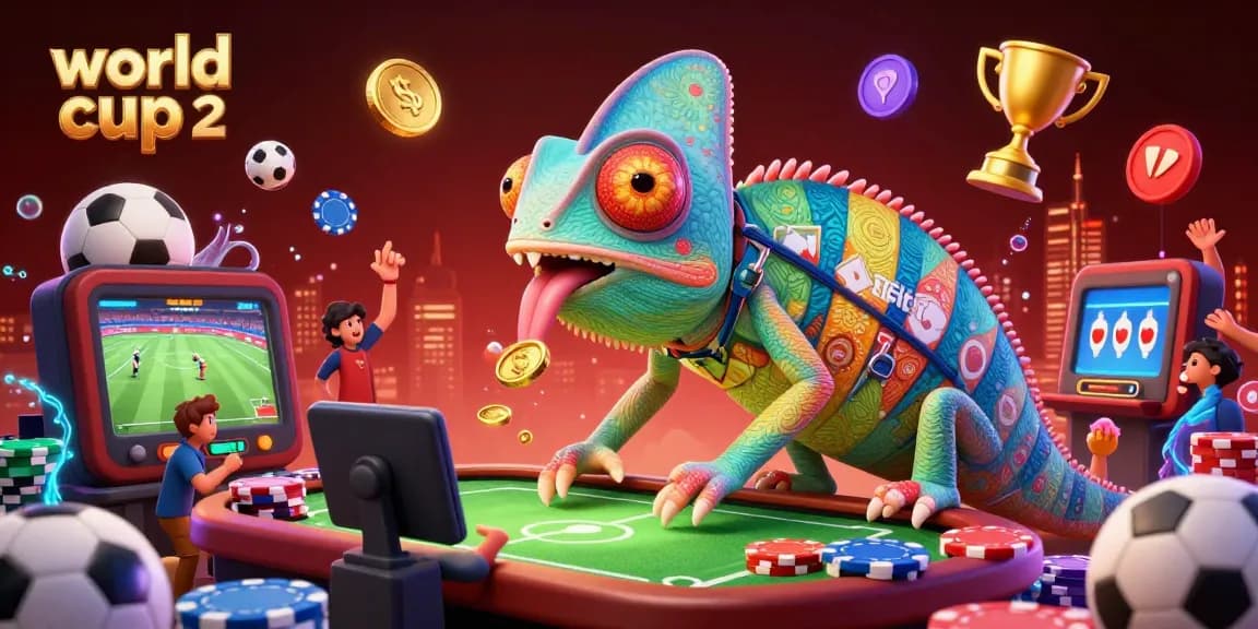 Bet on the world cup 2026 with a lively casino scene featuring a chameleon and soccer elements.