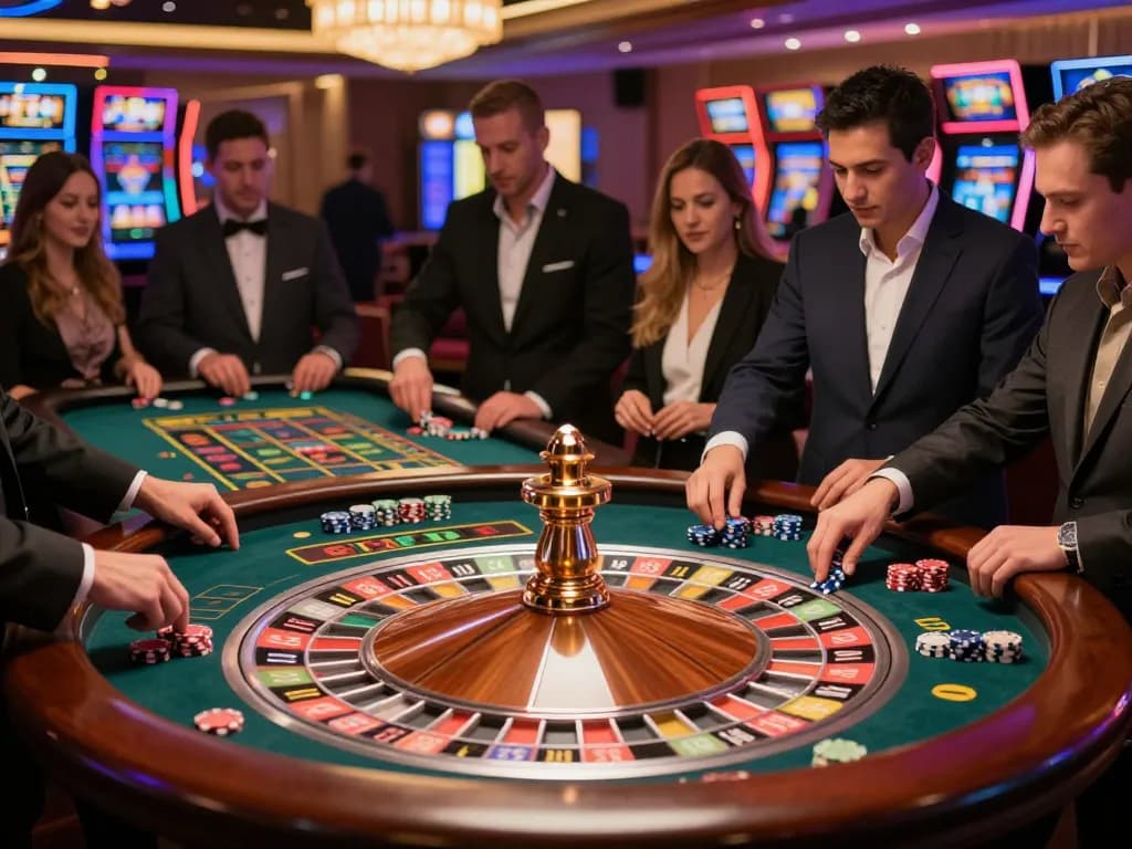Luck8 roulette players placing bets on an elegant casino table.