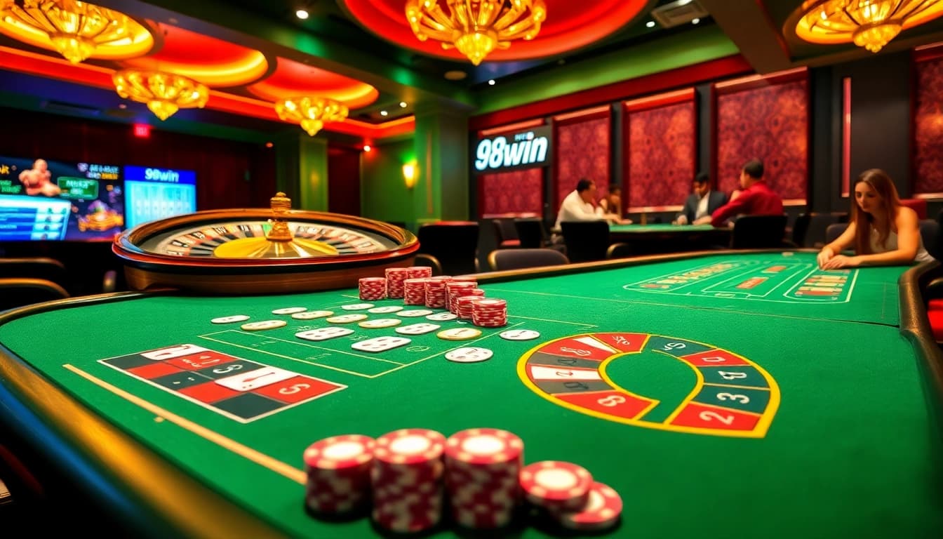 Play at 98win's luxurious casino with vibrant blackjack tables and dynamic poker gameplay.