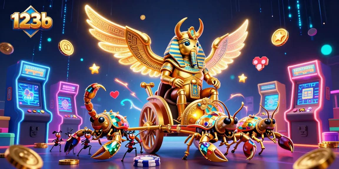 Experience the excitement of 123b with a golden scarab beetle and scorpions in a vibrant casino scene.