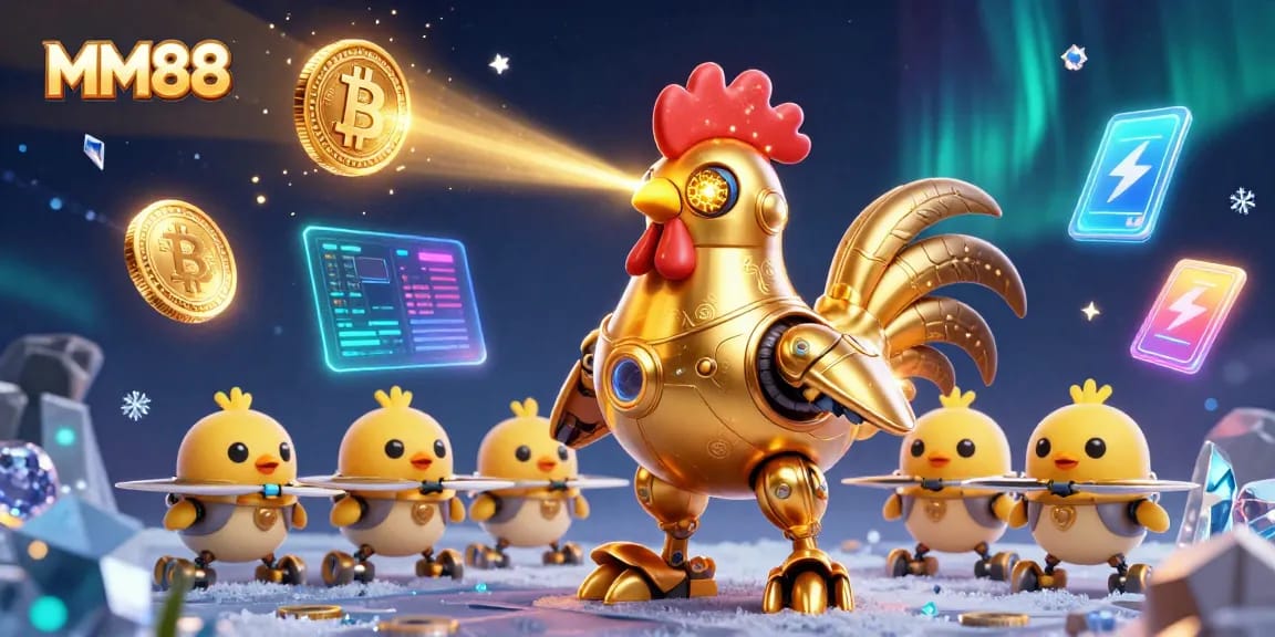 Engage with MM88's thrilling casino games through a vibrant 3D illustration of a golden rooster robot and baby chick drones.