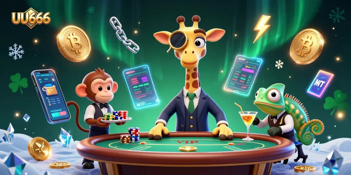 UU666 gaming scene featuring a high-roller giraffe, monkey valet, and chameleon bartender surrounded by neon coins.