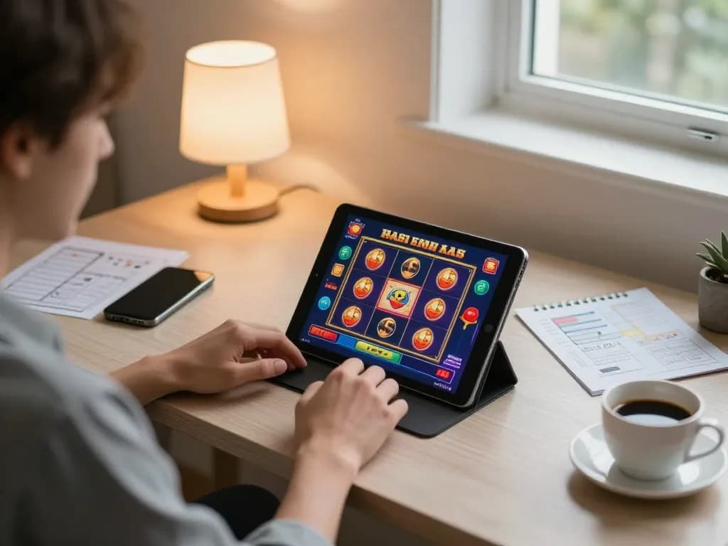 Engaged in a thrilling online casino session, go8 gaming displayed on tablet amid cozy home vibes