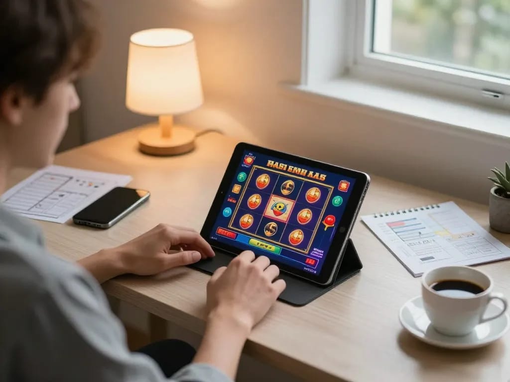 Engaged in a thrilling online casino session, go8 gaming displayed on tablet amid cozy home vibes