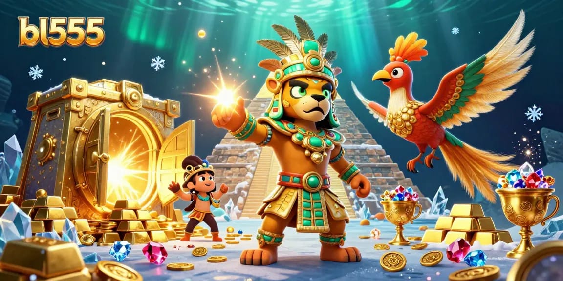 Win big at bl555 with captivating treasure and dynamic casino elements in a 3D illustrated scene.