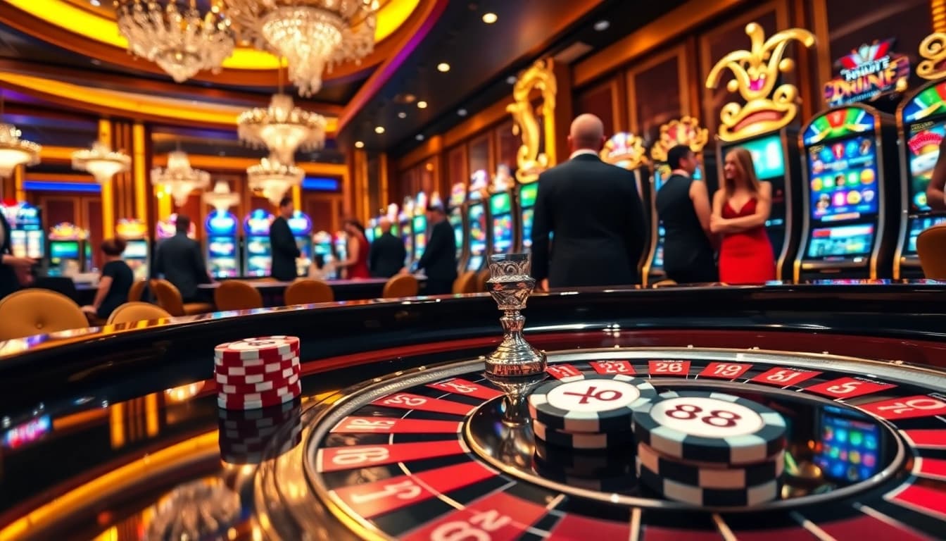 X 88 engaging players at a luxurious casino with roulette and poker chips.