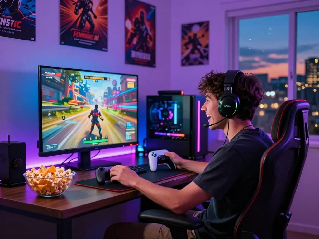 Player immersed in gameplay at https://five888.br.com/ with vibrant graphics, accessories, and urban view.