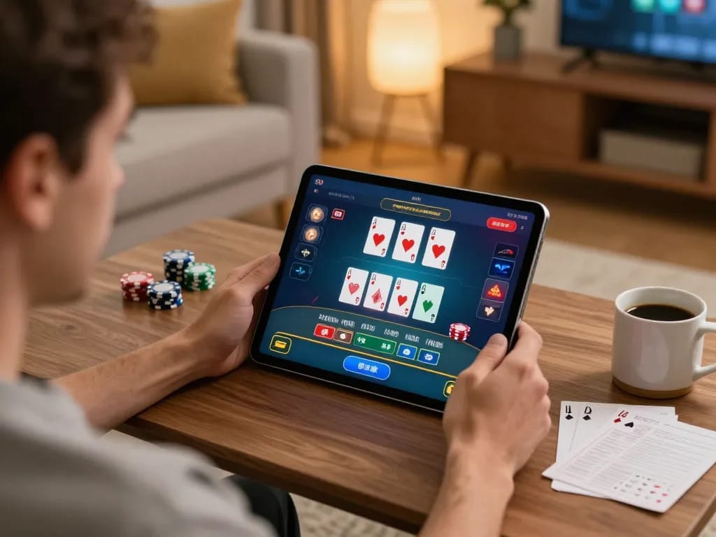 sin888 players enjoying live blackjack gaming on tablet at cozy home setting with strategic notes