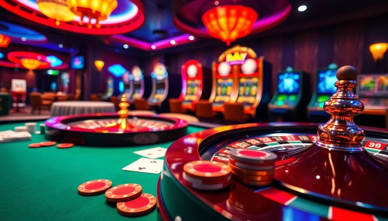 Play high-stakes at https://ok8386.autos/ in a luxurious casino scene featuring roulette and poker tables.