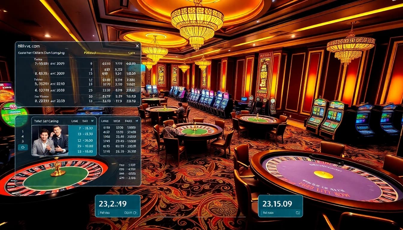 Players engaging in lively games at 88vv.com casino, showing excitement and luxury.