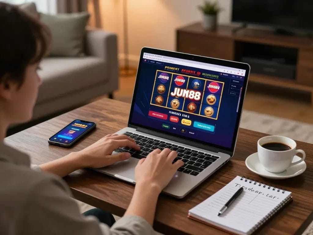 Player engaging with Jun88 casino interface on a laptop, showcasing an exciting online gaming experience.