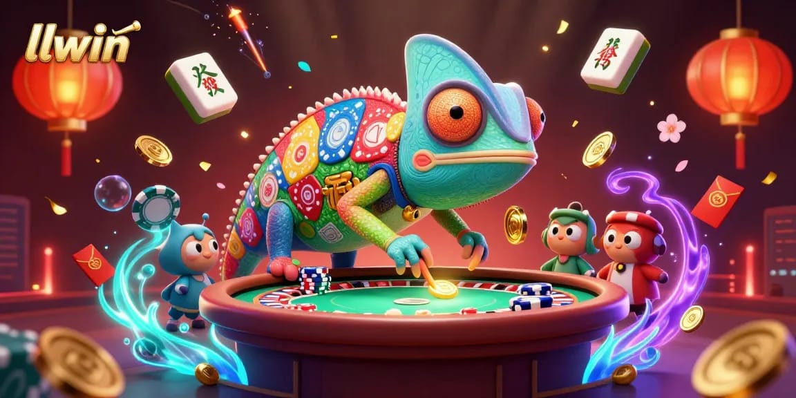 Win at llwin casino with vibrant chameleon owner, celebrating gaming success amidst Mahjong and lucky symbols.